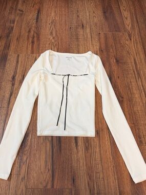 Hollister Cream Long-Sleeve Square Neck Top with Black Tie